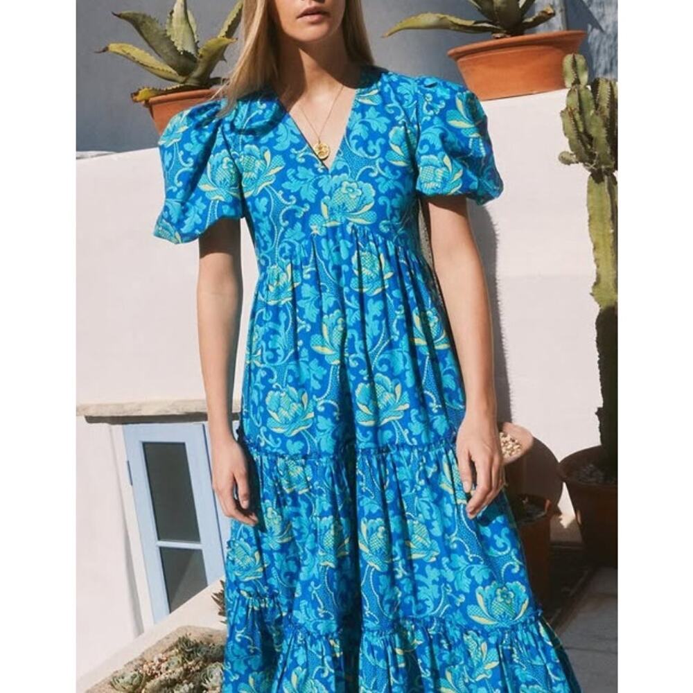 Pink City Prints Blue Floral Print Puff Sleeve Joli Midi Maxi Poplin Dress Med
